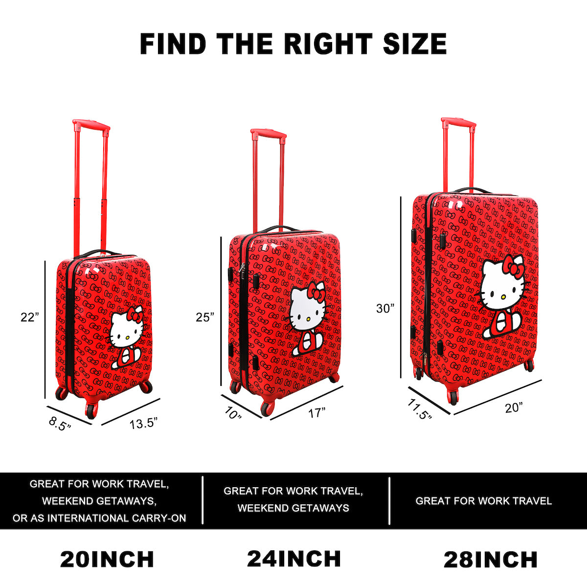 Hello Kitty 3-Piece Luggage Set - 20", 24", and 28" Rolling Suitcases