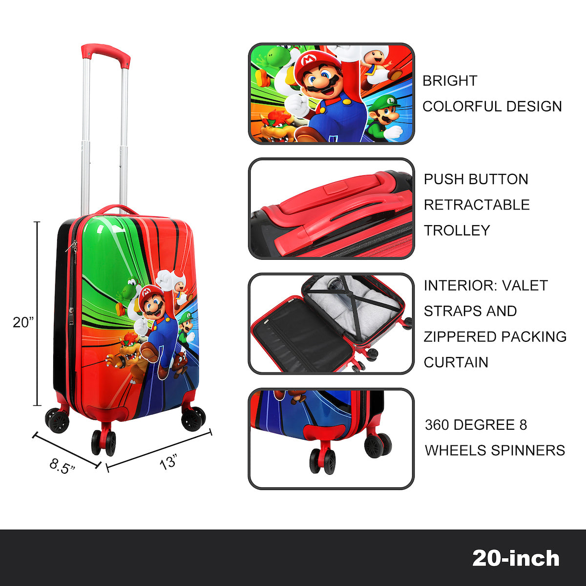 Super Mario Bros Character Group Art 20" Rolling Carry On Luggage