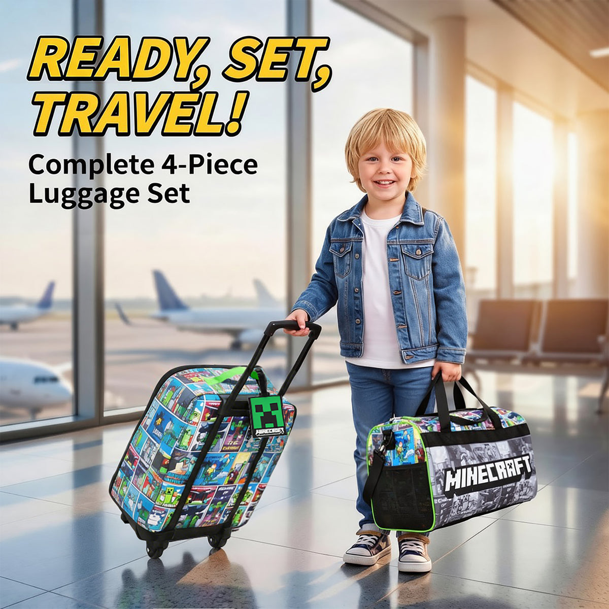 Minecraft Creeper Youth 4-Piece Travel Set-14" Carry-on Duffle Bag and Luggage Tag Set