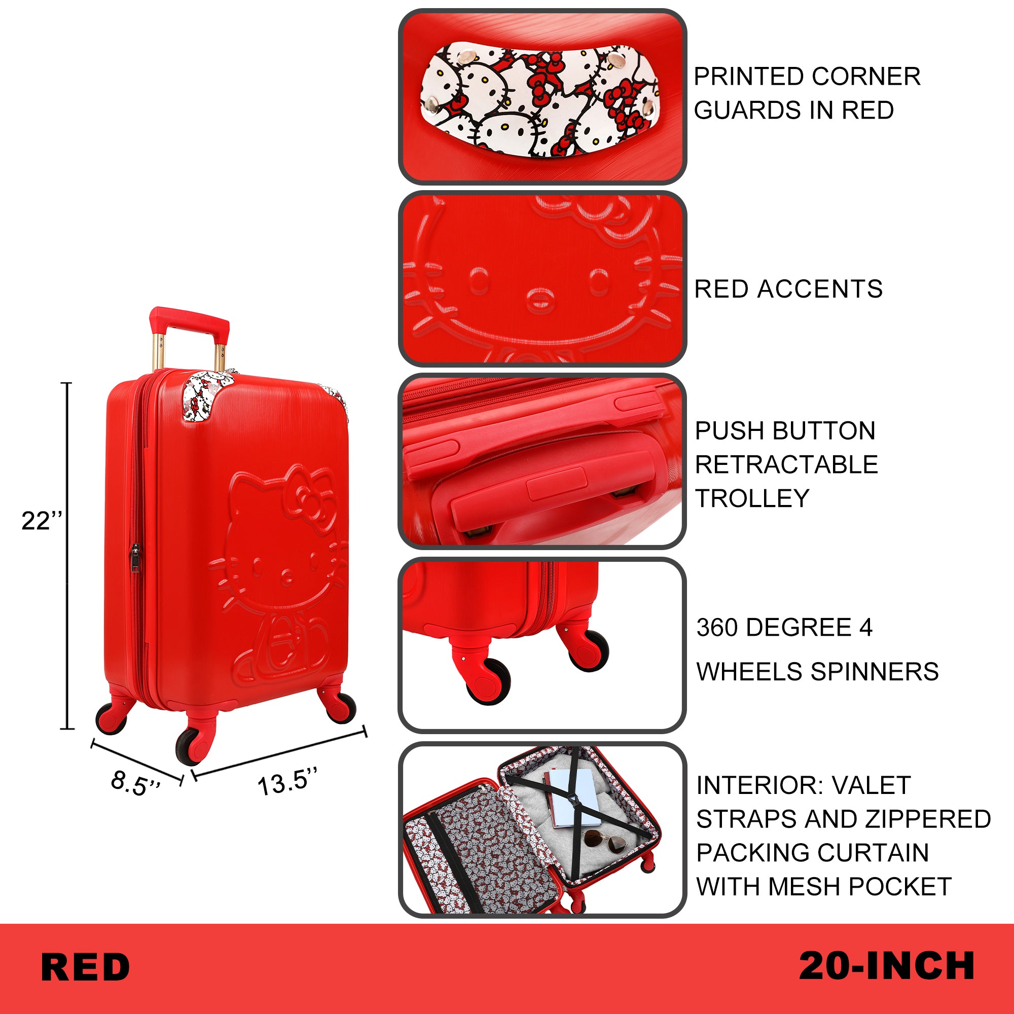 Hello Kitty Character Print Red 20" Carry-On Adult Hardside Carry-On Rolling Luggage