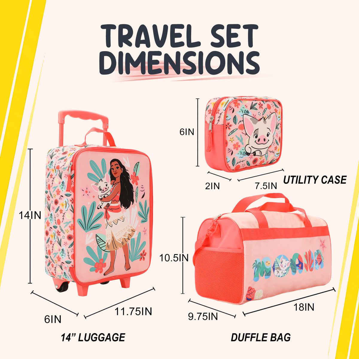 Moana Pua & Moana Tropical Print Youth 4-Piece Carry On Luggage Travel Set