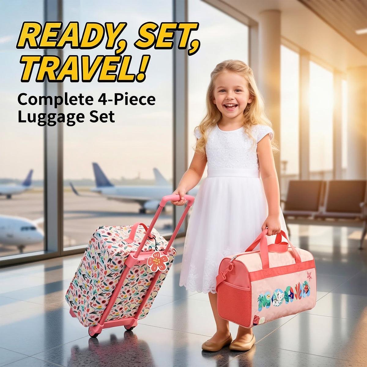 Moana Pua & Moana Tropical Print Youth 4-Piece Carry On Luggage Travel Set