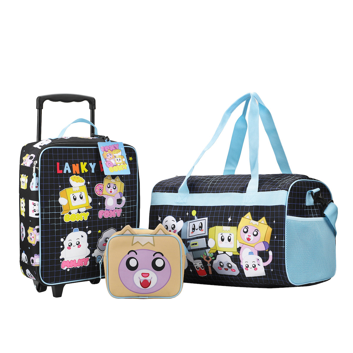 LankyBox 4-Piece Kids'  Carry On Travel Set - Officially Licensed with 14" Pilot Case, Duffle Bag, Utility Case, and Luggage Tag
