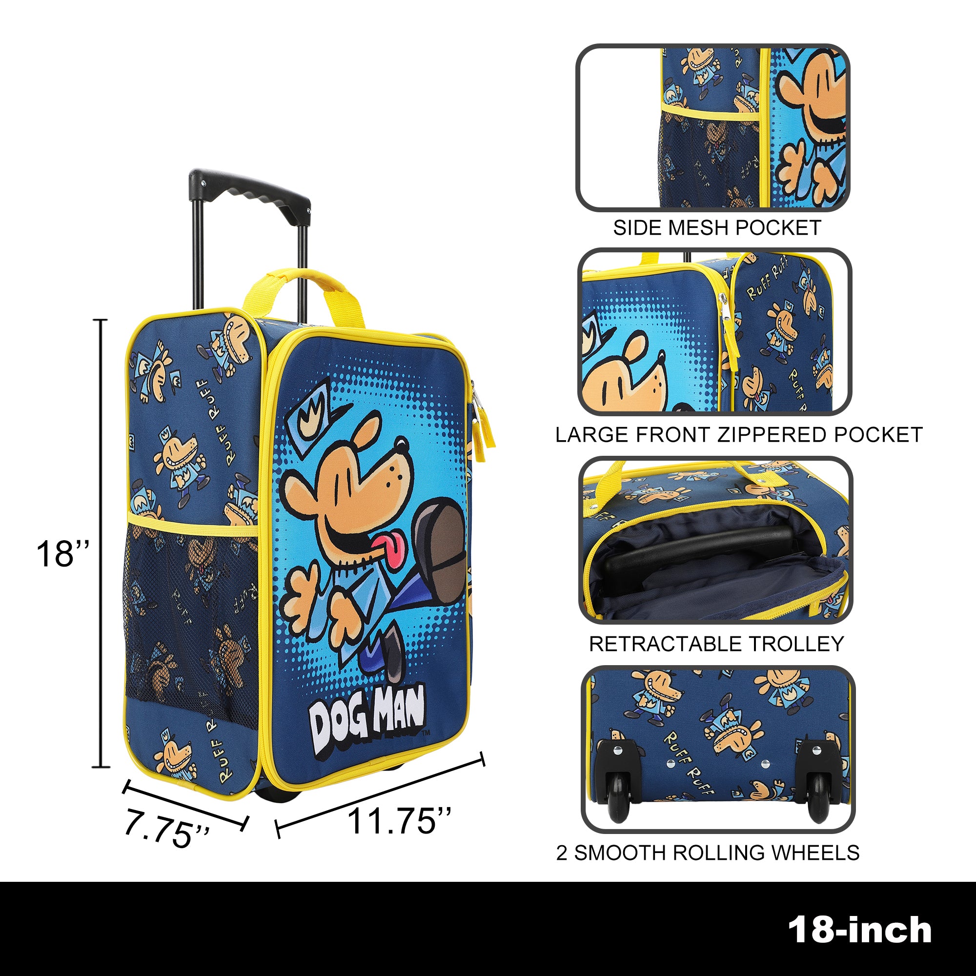 Dog Man Character Print Blue 18" Soft-Sided Youth Carry On Suitcase Luggage