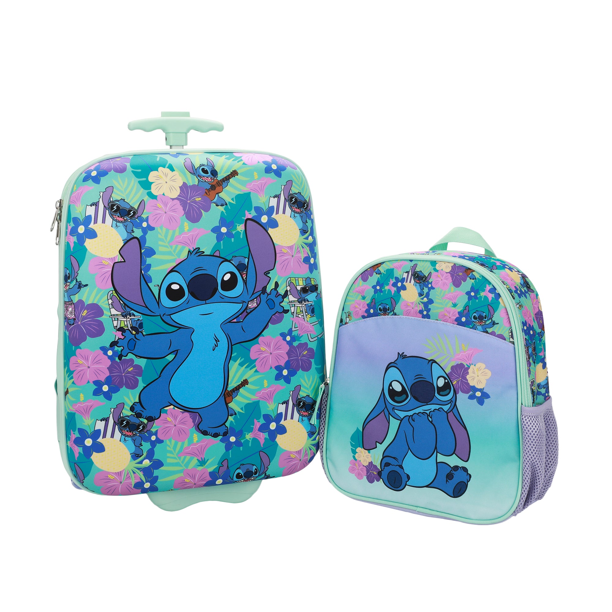 Disney Stitch Tropical Flower Print 2-Piece Youth EVA Wheeled Luggage & Travel Backpack Set