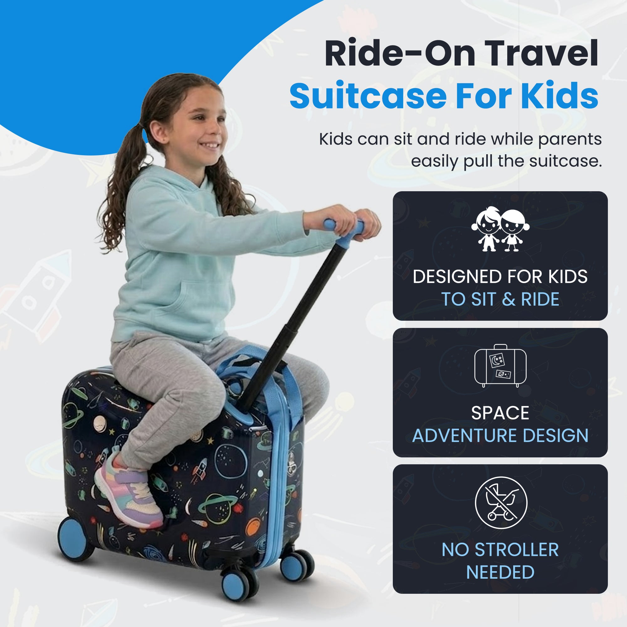 Viggio Travel To Space Ride-On 18" Suitcase For Kids & Toddlers