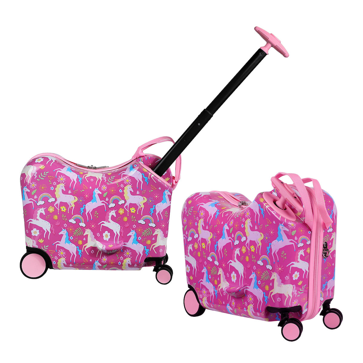 Viggio Pink Rainbows And Unicorns Ride-On 18” Suitcase For Kids & Toddlers