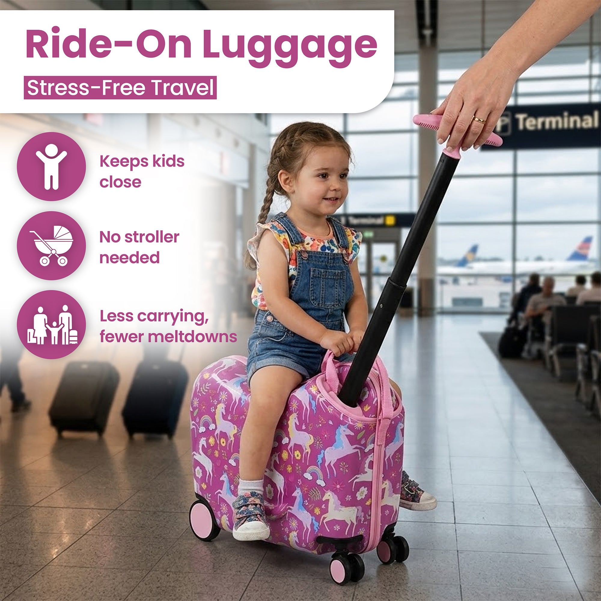 Viggio Pink Rainbows And Unicorns Ride-On 18" Suitcase For Kids & Toddlers