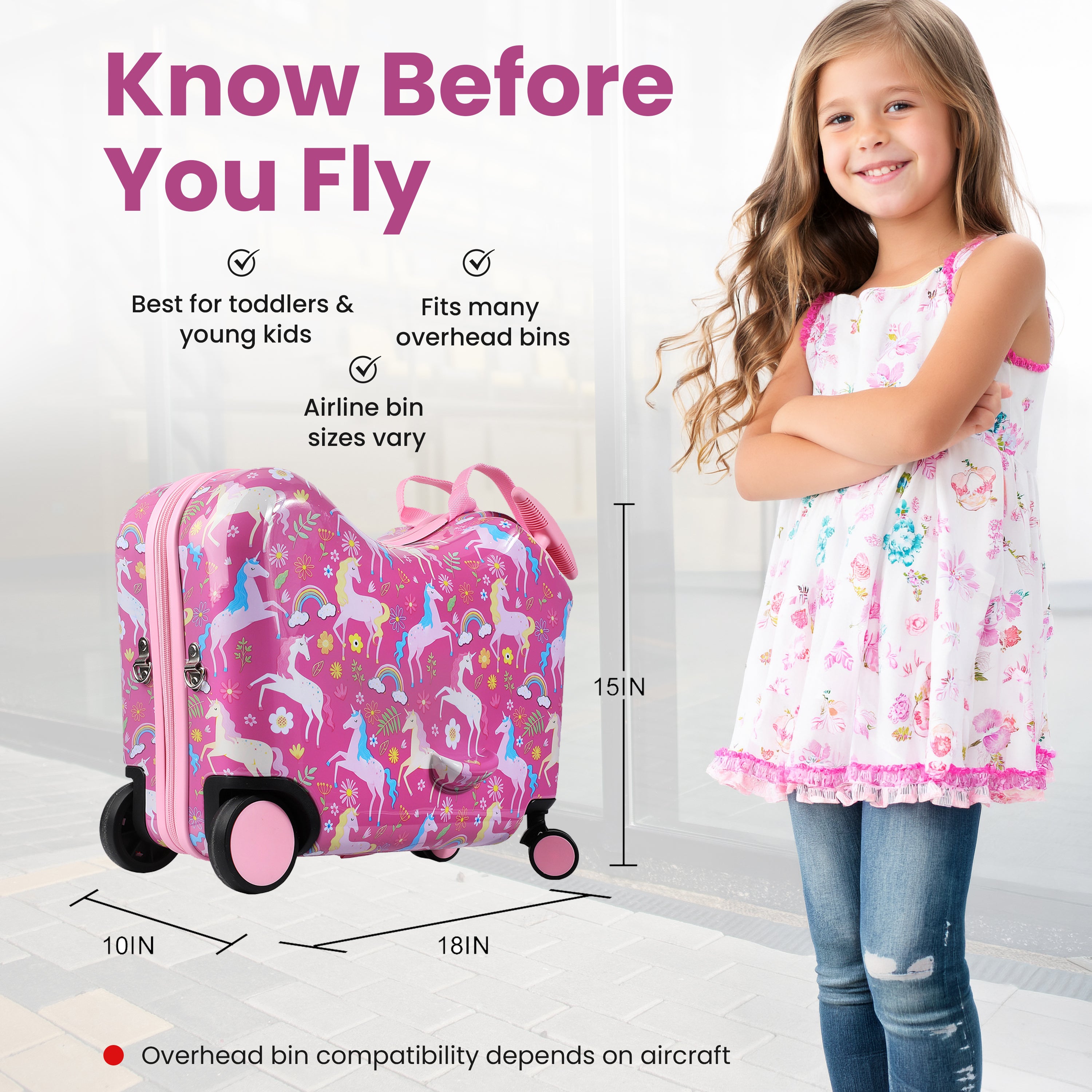 Viggio Pink Rainbows And Unicorns Ride-On 18" Suitcase For Kids & Toddlers