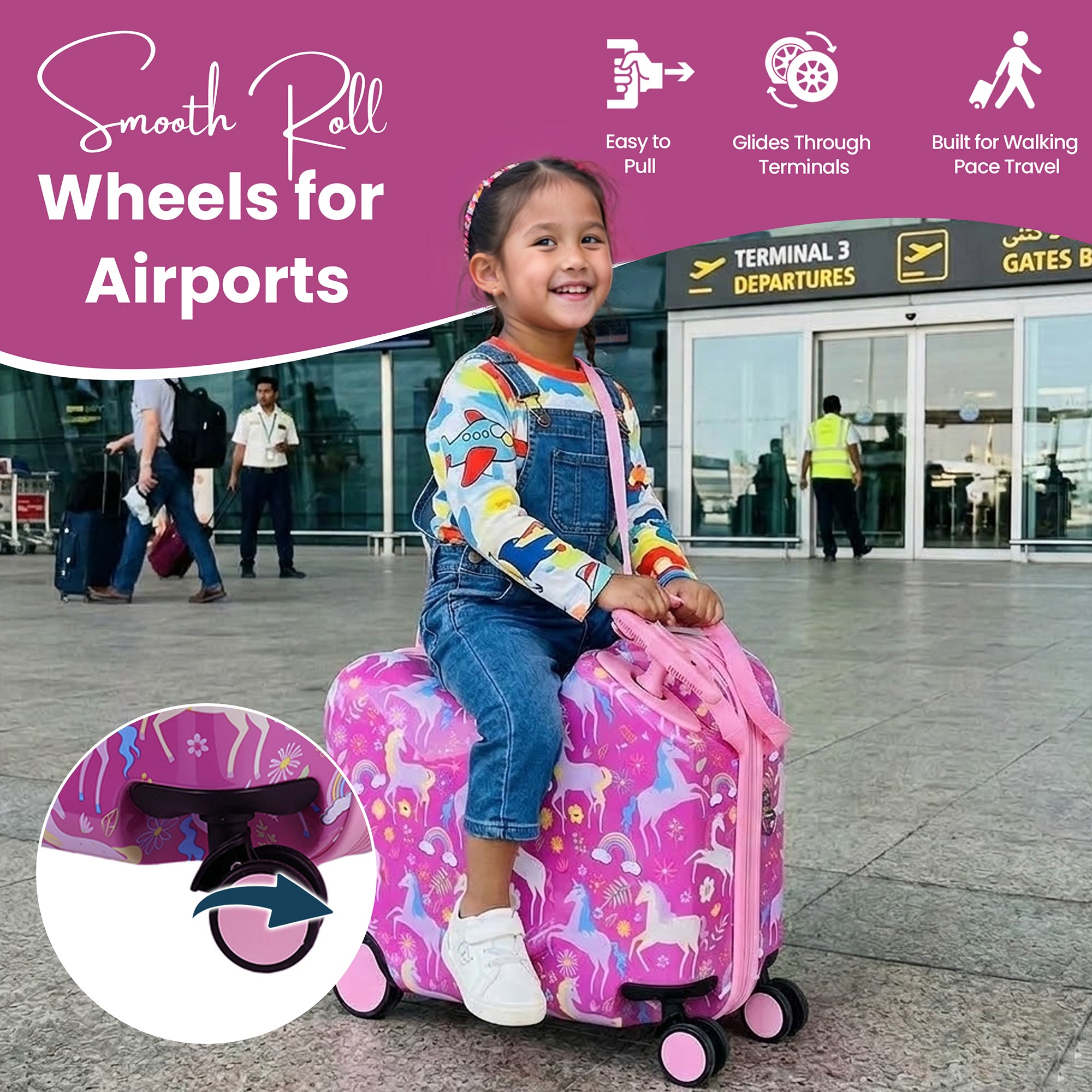 Viggio Pink Rainbows And Unicorns Ride-On 18" Suitcase For Kids & Toddlers