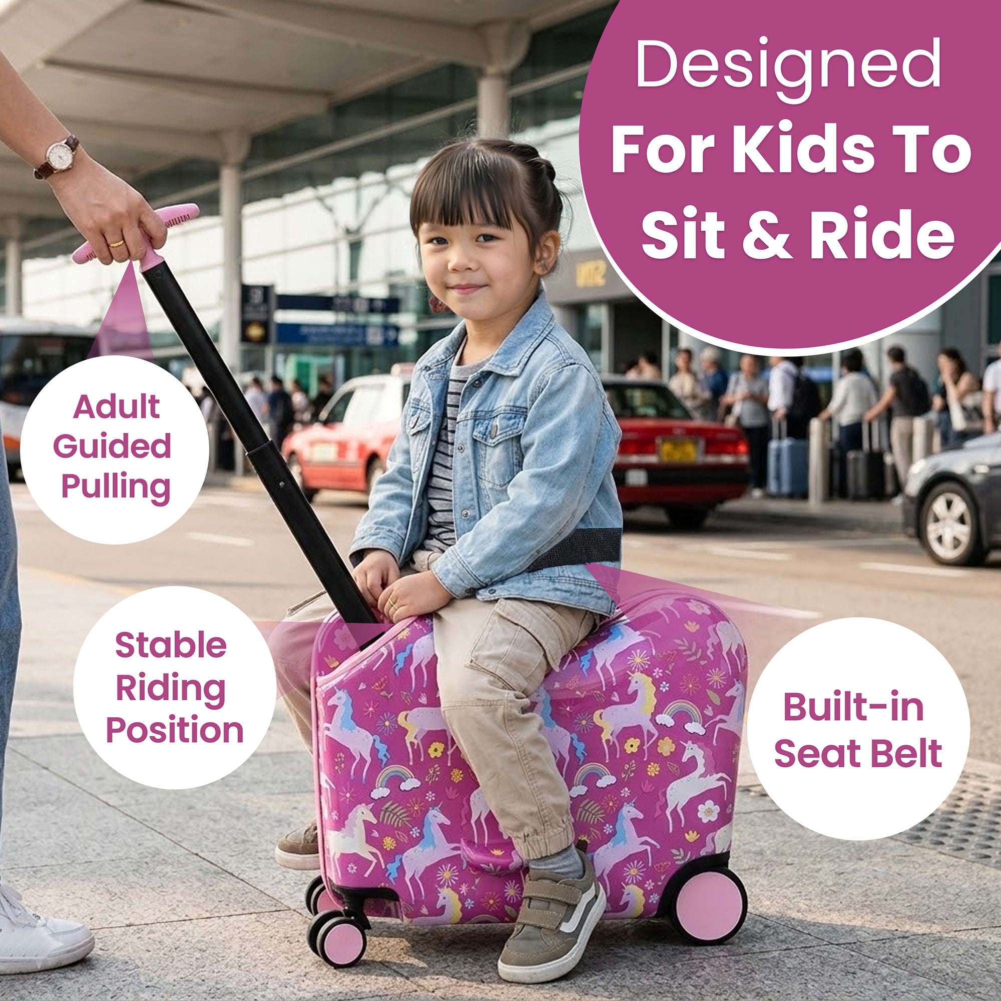 Viggio Pink Rainbows And Unicorns Ride-On 18" Suitcase For Kids & Toddlers
