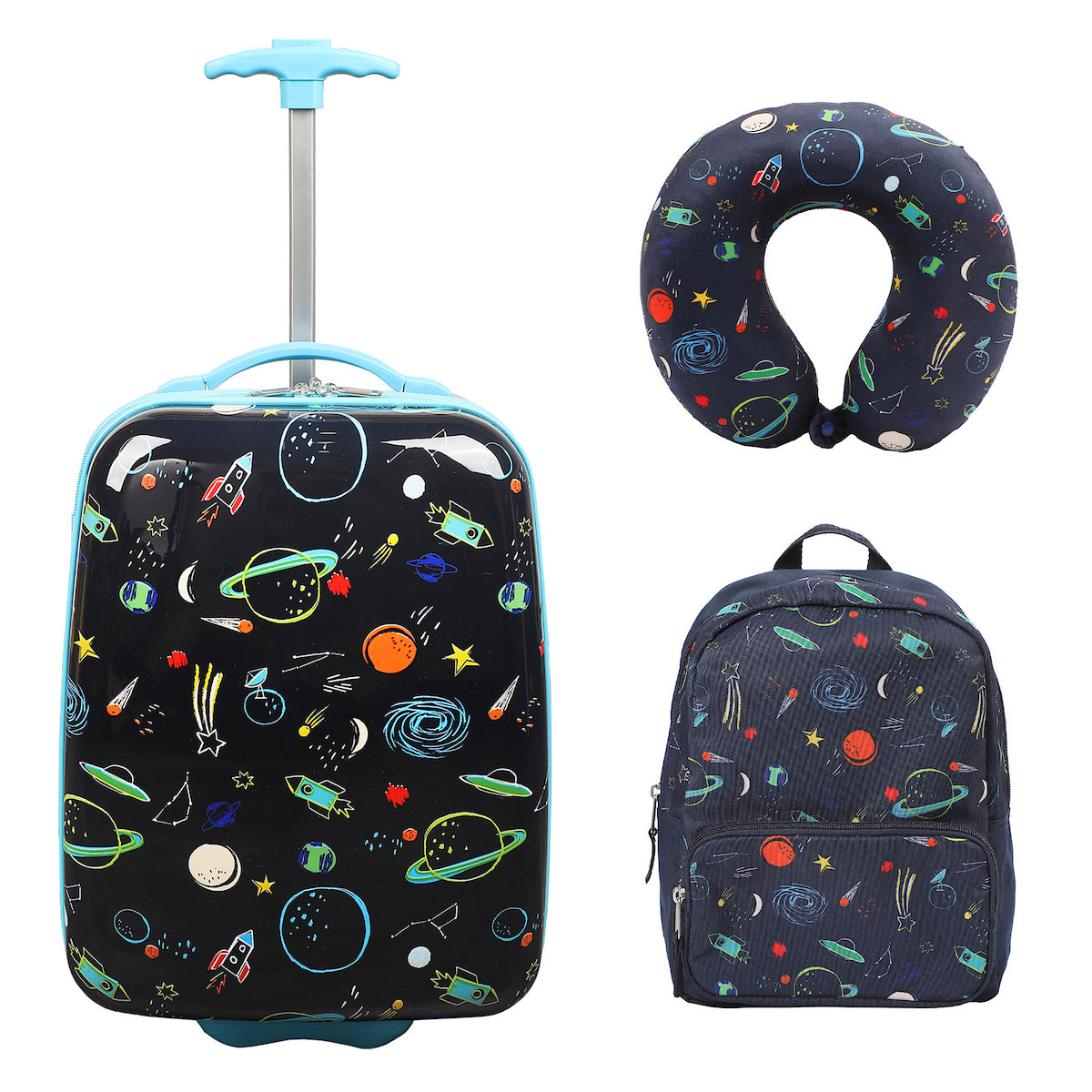 Viggio Space Printed 2-Wheel Suitcase with Backpack and Neck Pillow (3-Pc Set)