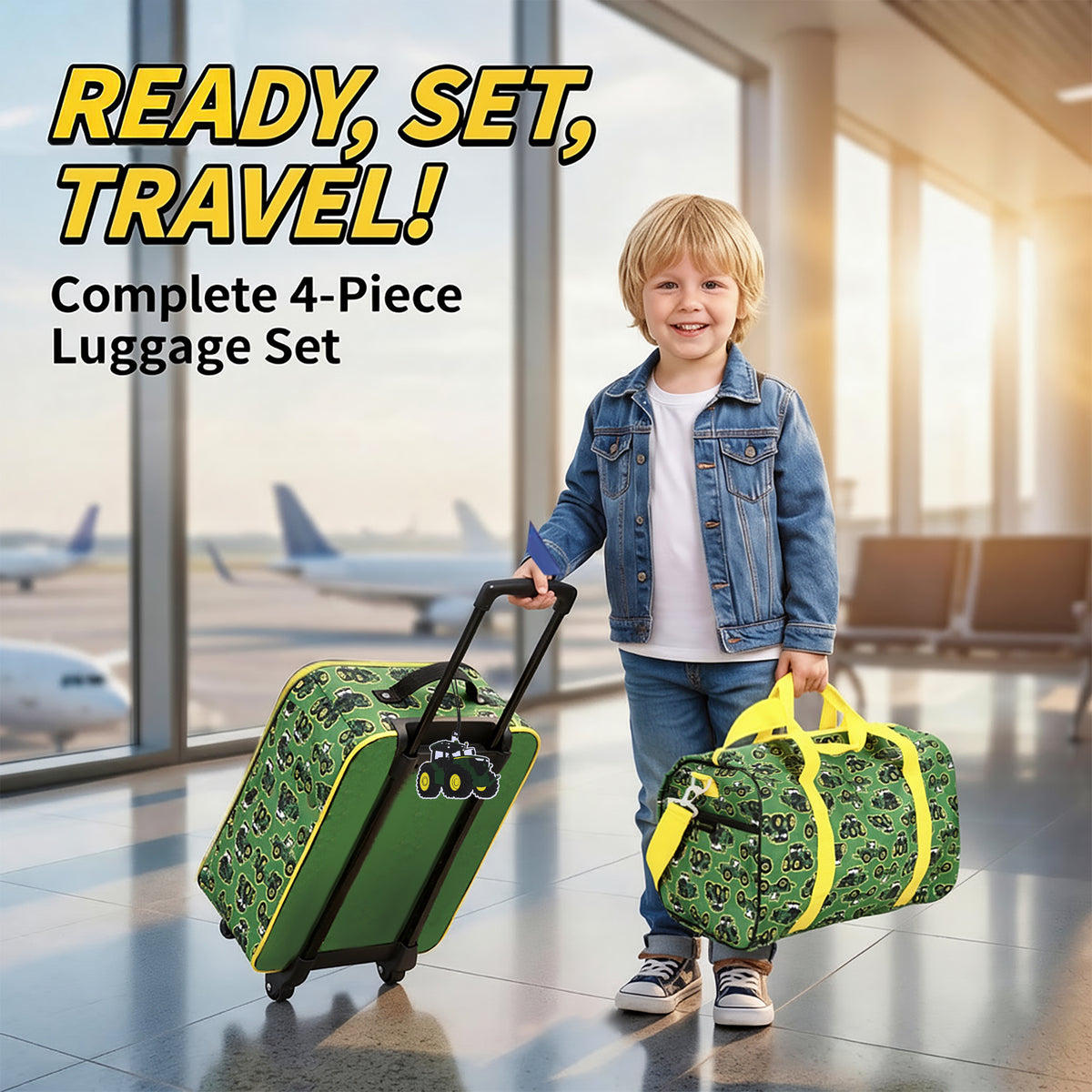 John Deere 4-Piece 14" Pilot Case Luggage Set for Kids, Green/Yellow Travel Set