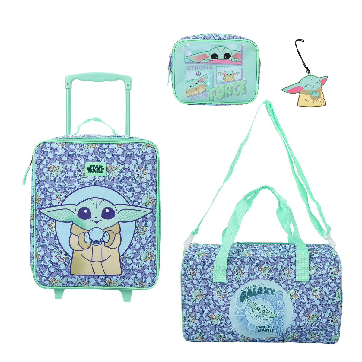 Star Wars The Mandalorian & Grogu Kids 4-Piece Travel Set 14" Pilot Case Duffle Bag Utility Case & Luggage Tag, Green/Blue