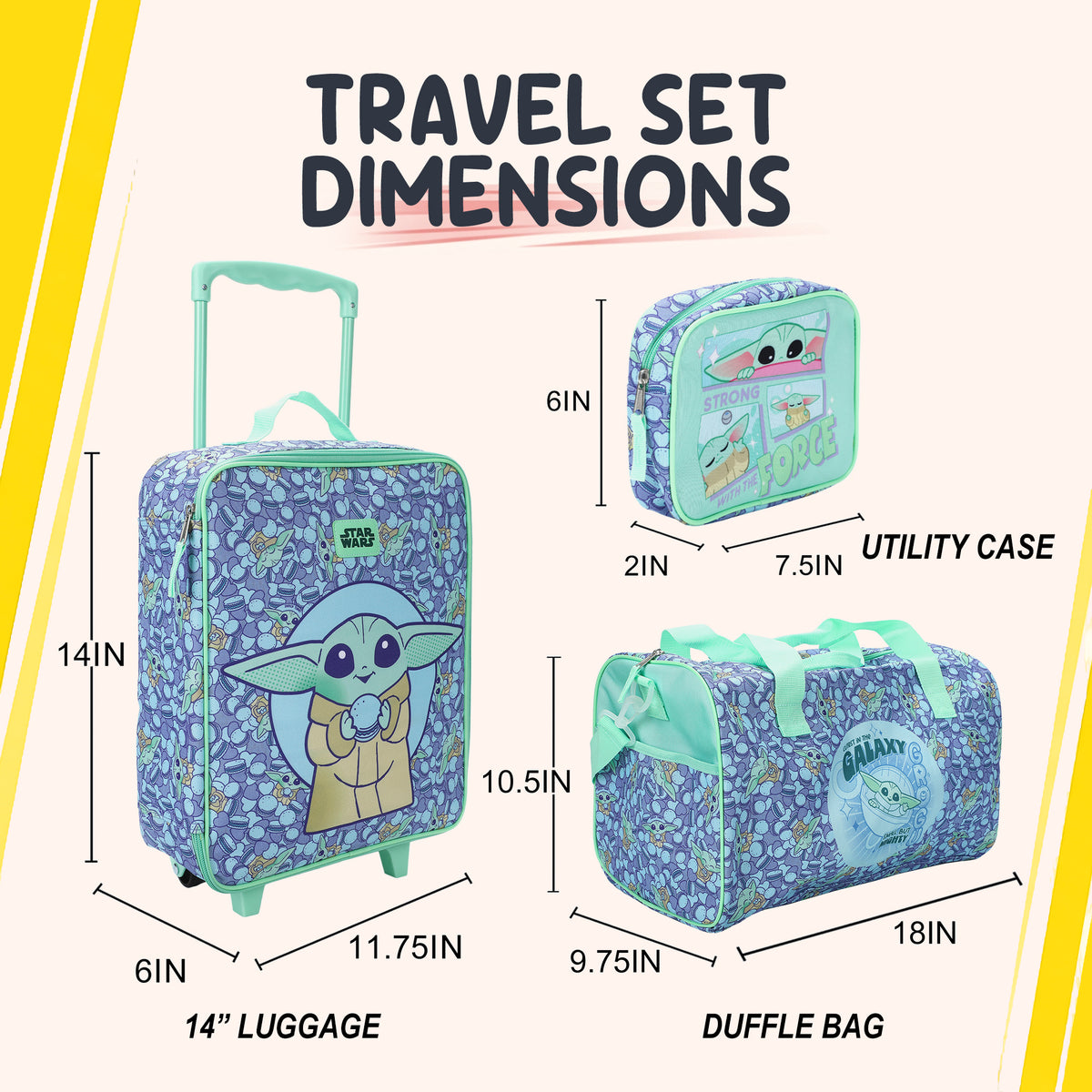 Star Wars The Mandalorian & Grogu Kids 4-Piece Travel Set 14" Pilot Case Duffle Bag Utility Case & Luggage Tag, Green/Blue