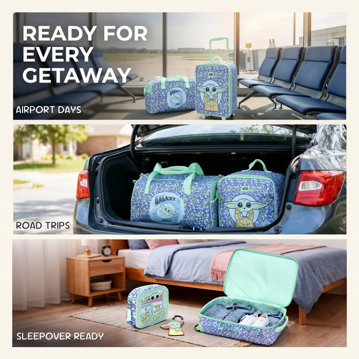 Star Wars The Mandalorian & Grogu Kids 4-Piece Travel Set 14" Pilot Case Duffle Bag Utility Case & Luggage Tag, Green/Blue