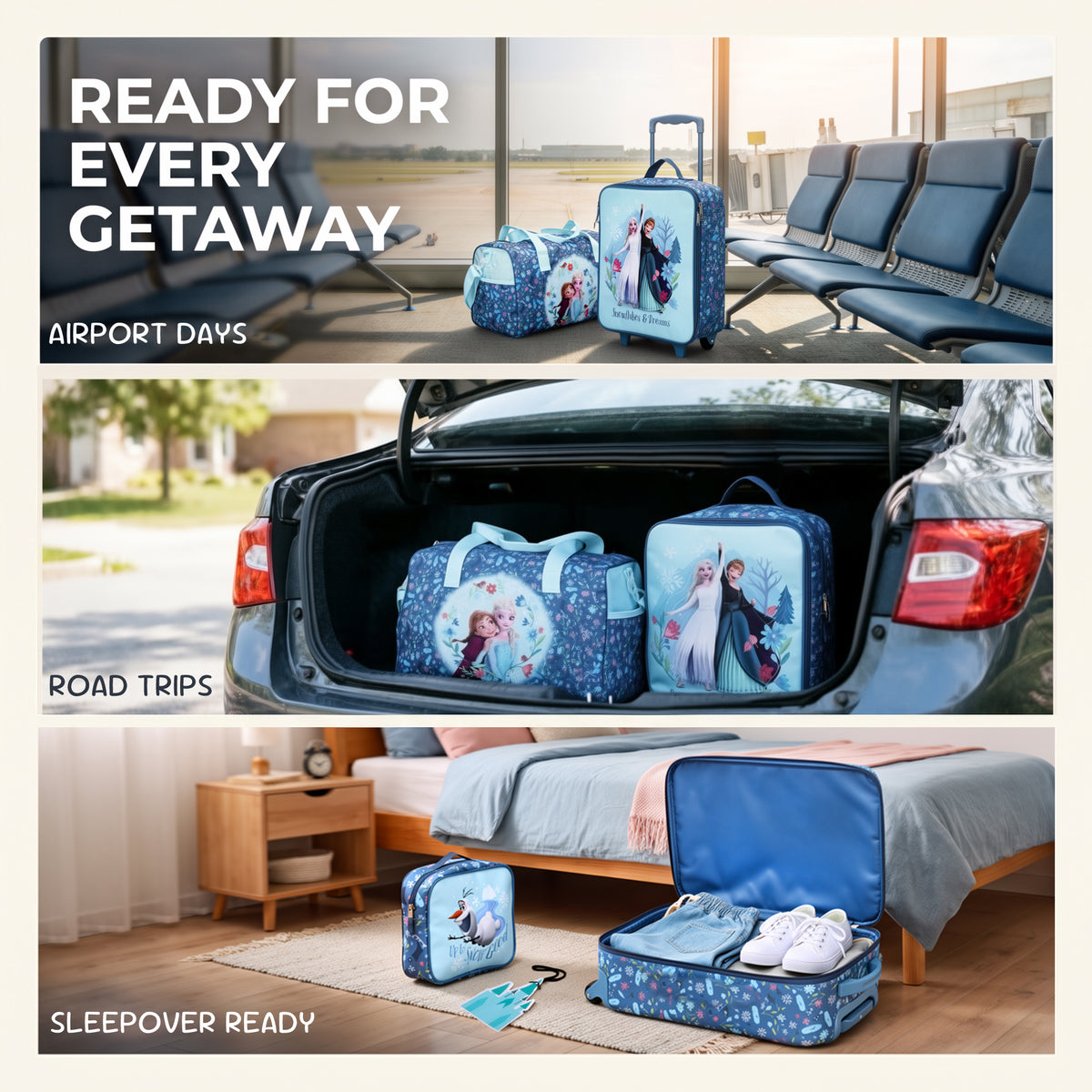 Frozen Elsa & Anna Kids' 4-Piece Travel Set With Suitcase, Duffle Bag, Toiletries Case, and Luggage Tag