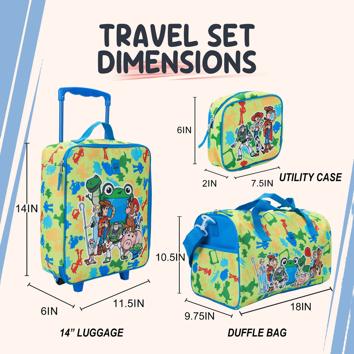 Toy Story Kids 14-Inch Pilot Case Luggage Set with Duffle Bag, Utility Case & Luggage Tag