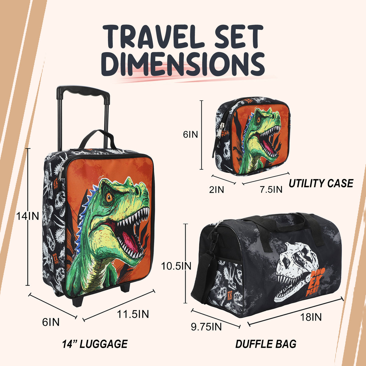 Dinosaur Kids 14" Pilot Case Set with Duffle, Utility Case & Luggage Tag for Travel