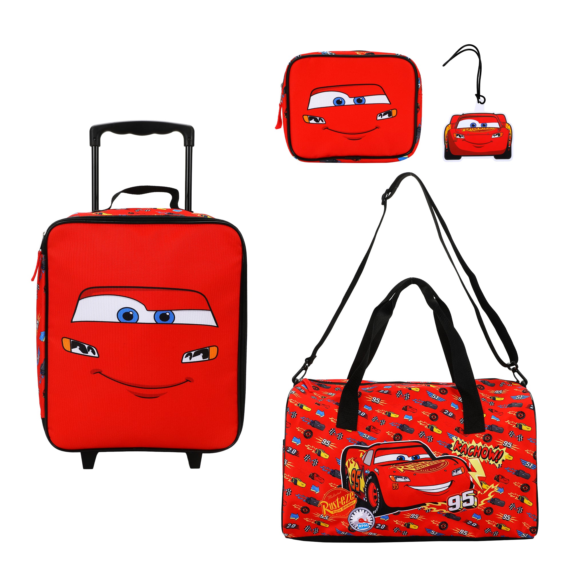 Cars Lightning McQueen Kids' 4-Piece Travel Set With Suitcase, Duffle Bag, Toiletries Case, and Luggage Tag