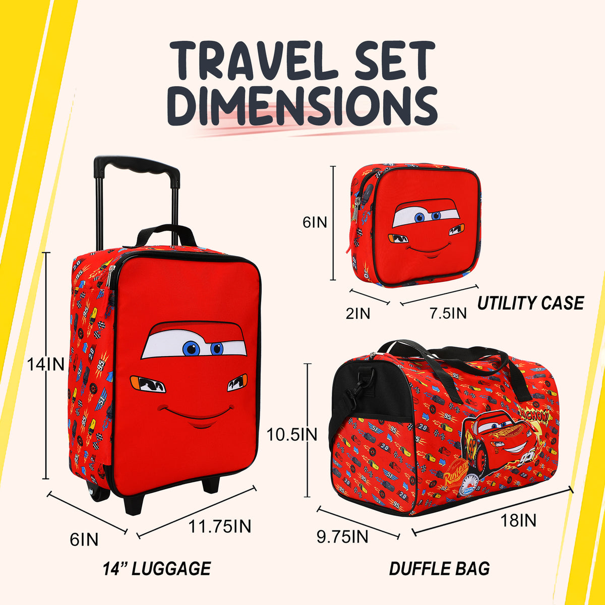 Cars Lightning McQueen Kids' 4-Piece Travel Set With Suitcase, Duffle Bag, Toiletries Case, and Luggage Tag