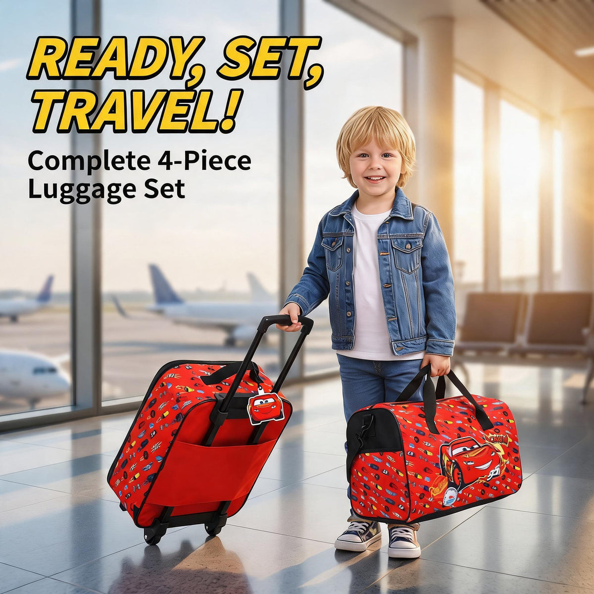 Cars Lightning McQueen Kids' 4-Piece Travel Set With Suitcase, Duffle Bag, Toiletries Case, and Luggage Tag