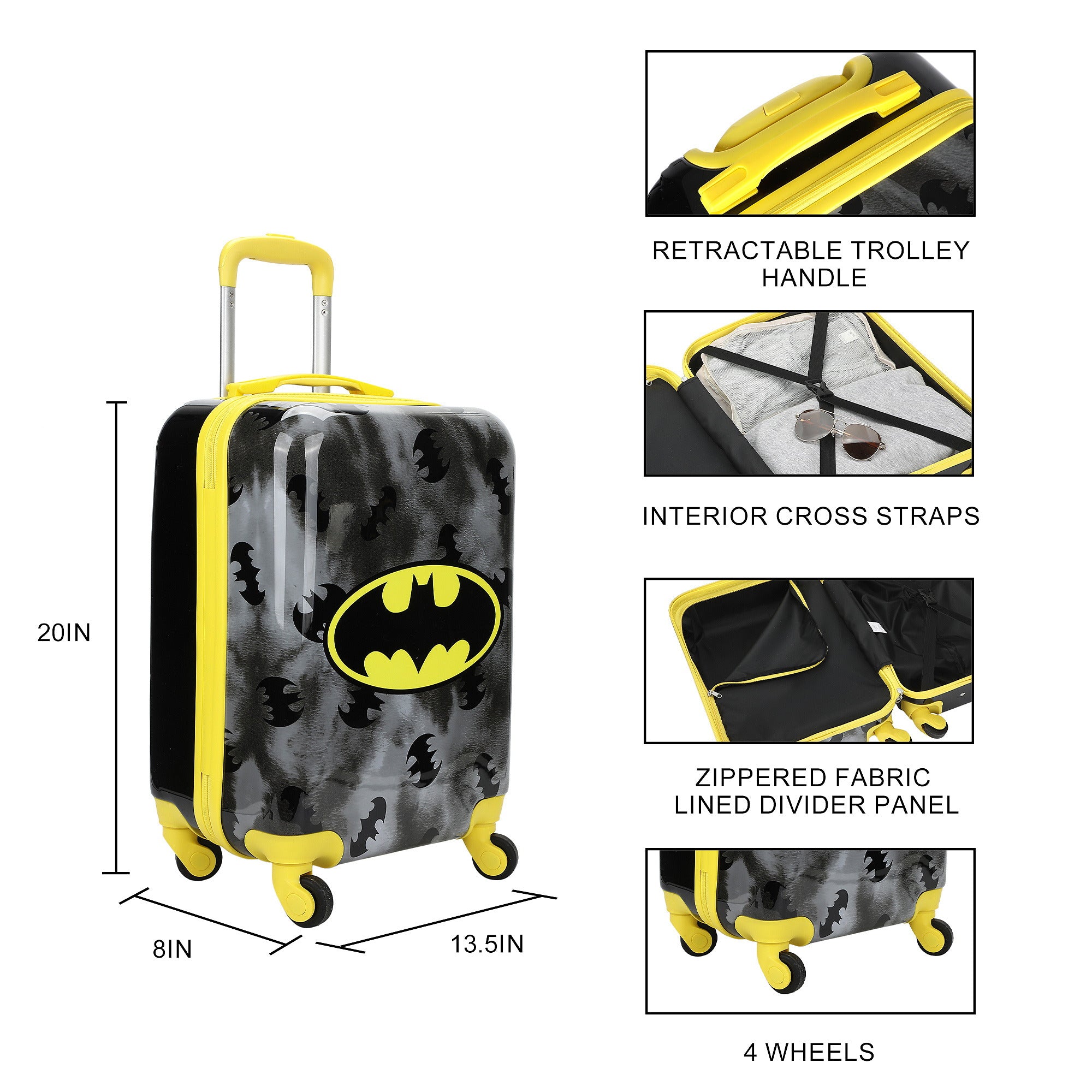 Batman Core Adult 4-Wheel ABS 20" Suitcase Luggage for Travel, Black/Yellow