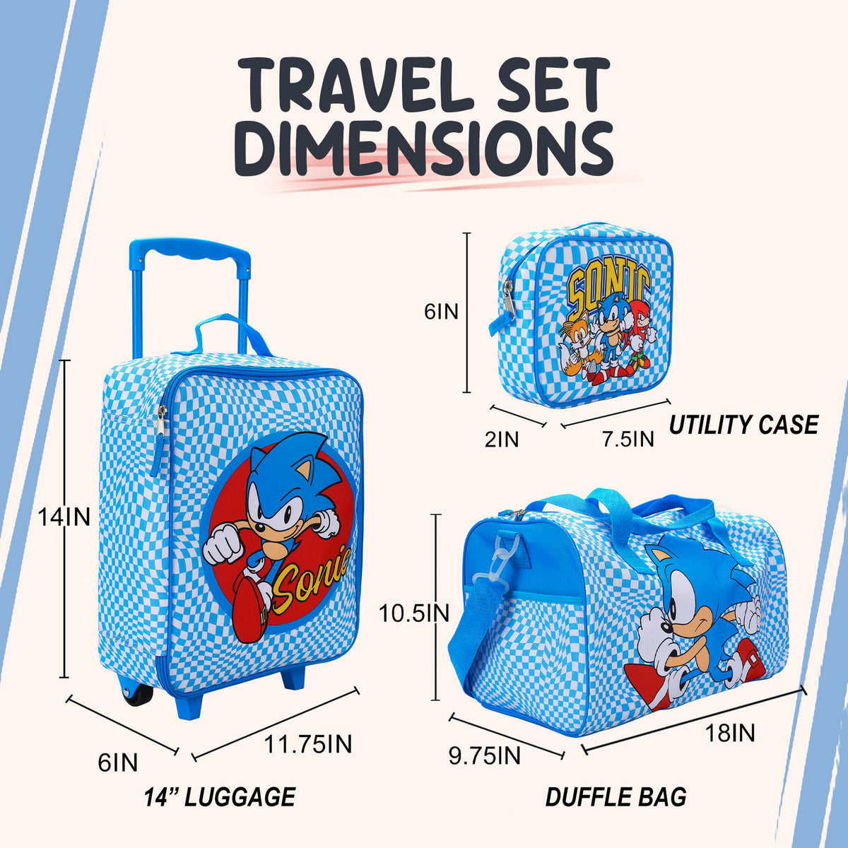 Sonic the Hedgehog Kids' 4-Piece Travel Set With Suitcase, Duffle Bag, Toiletries Case, and Luggage Tag