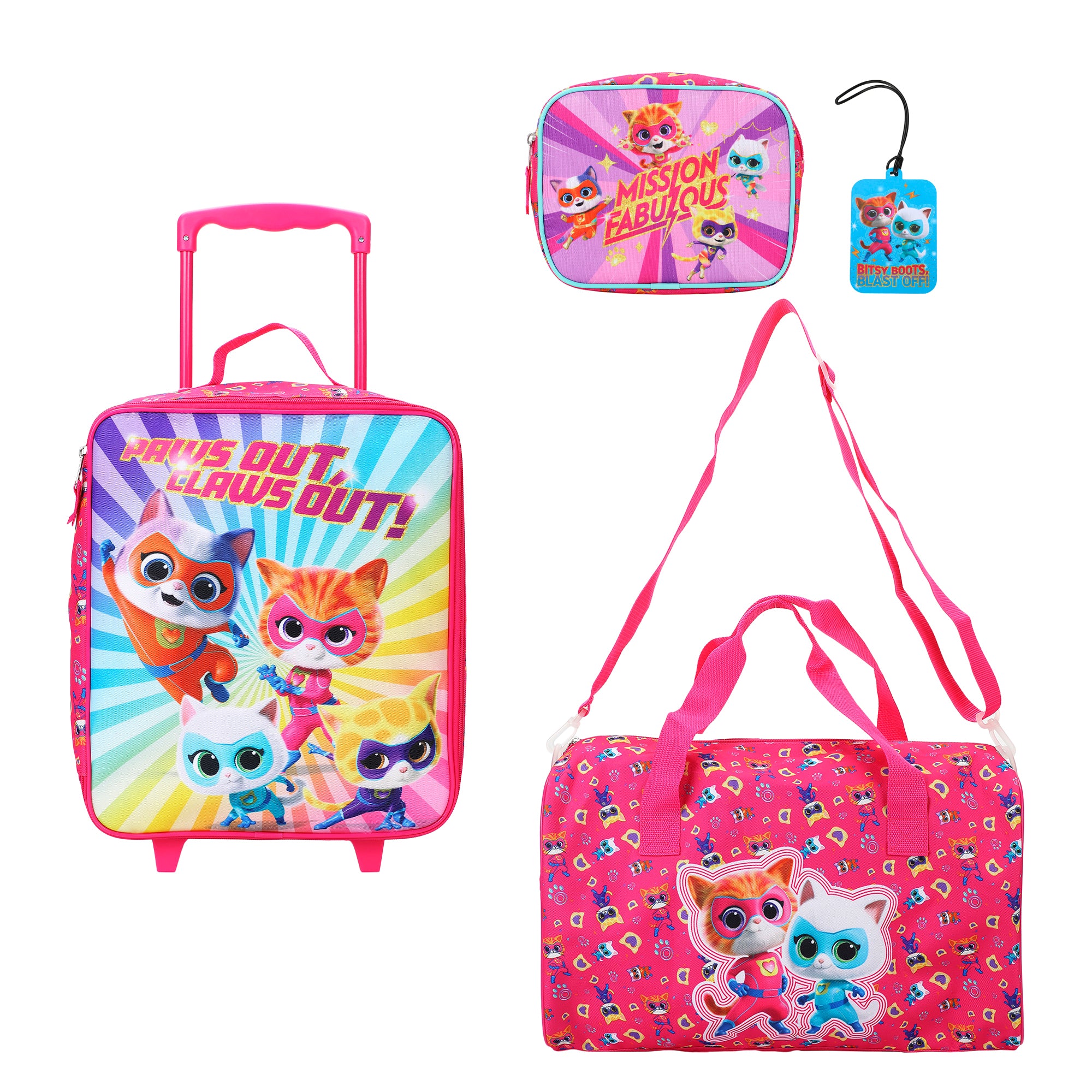 SuperKitties Kids' 4-Piece Travel Set With Suitcase, Duffle Bag, Toiletries Case, and Luggage Tag