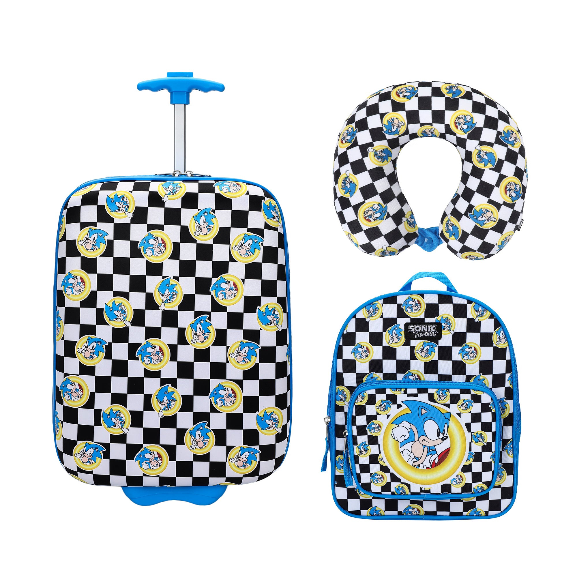 Sonic the Hedgehog Kids' 3-Piece Travel Set With Luggage, Backpack, and Neck Pillow