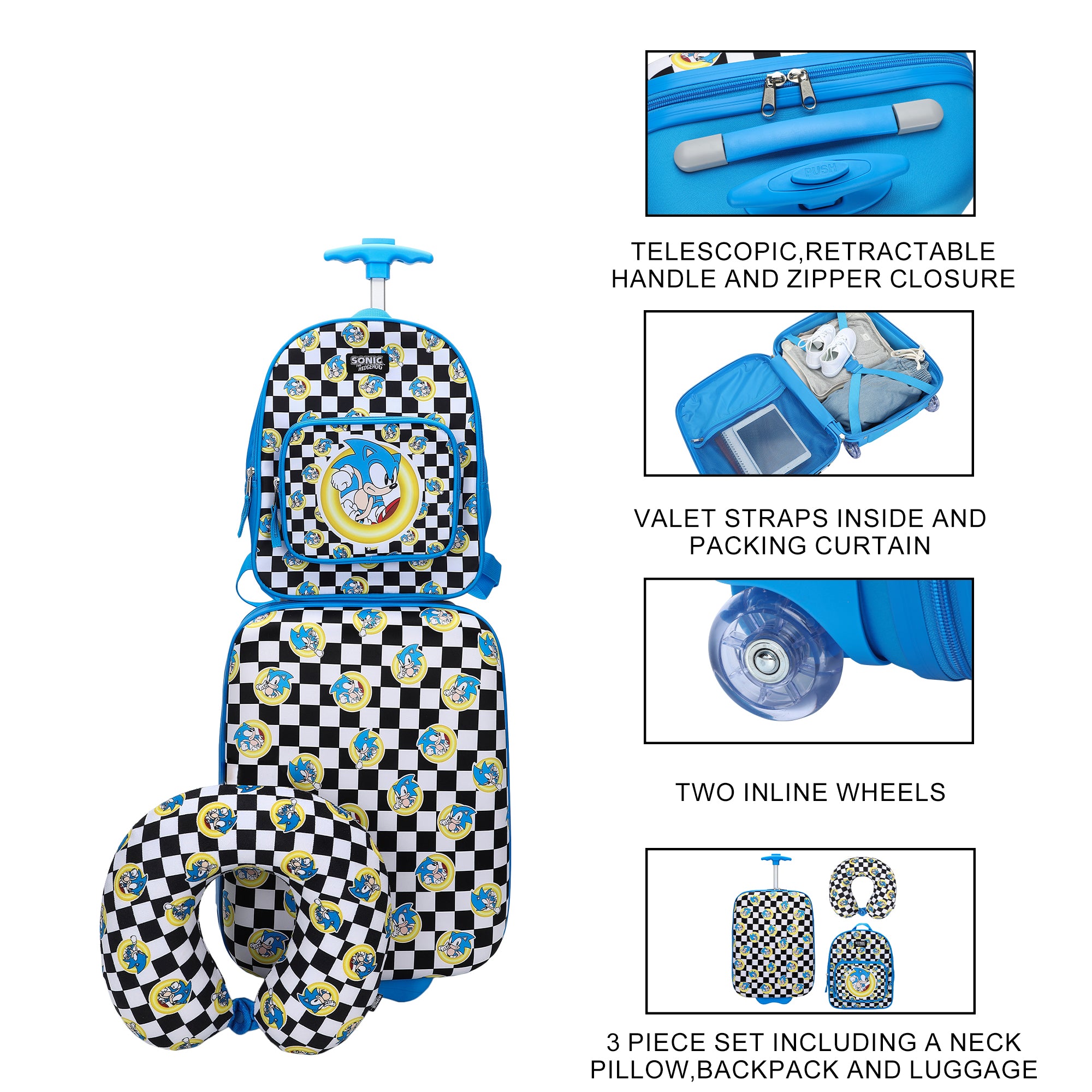 Sonic the Hedgehog Kids' 3-Piece Travel Set With Luggage, Backpack, and Neck Pillow