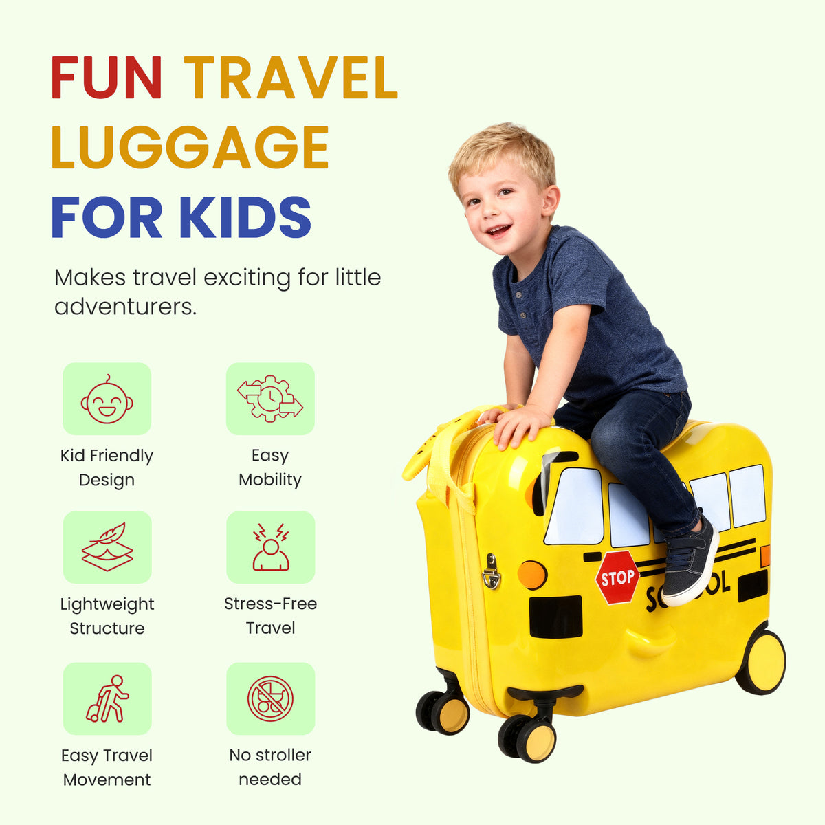 School Bus Ride On Kids Luggage Yellow Rolling Travel Bag