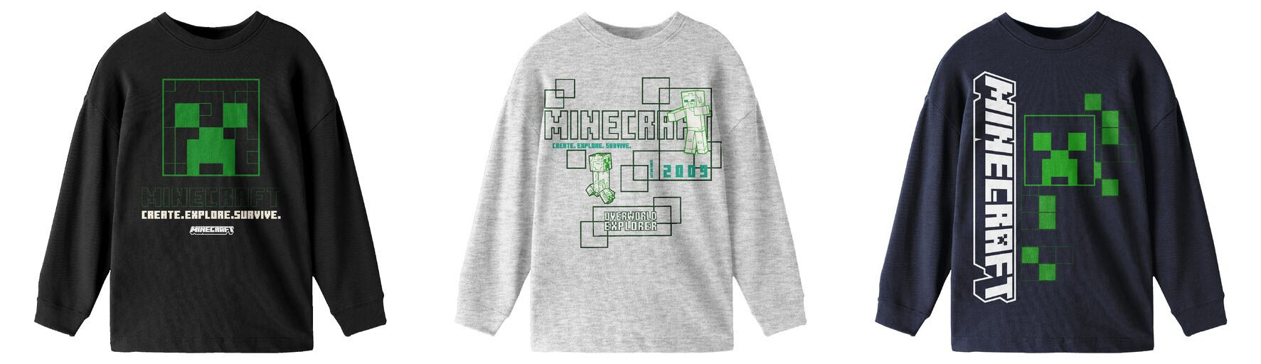 Minecraft Create Explore Survive Boy’s 3-Pack Crew Neck Long Sleeve Shirts