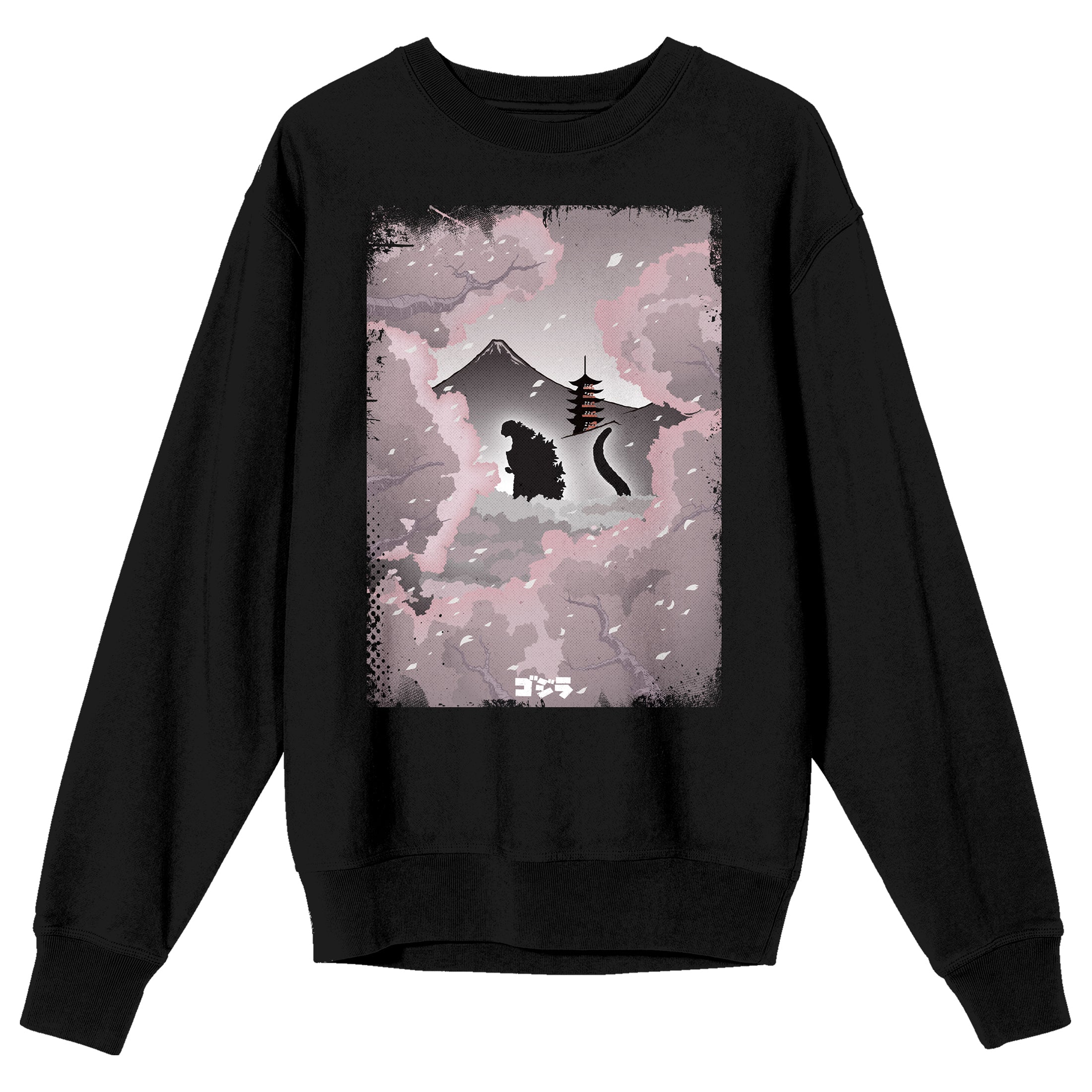 Godzilla Classic Monster Silhouette and Cherry Blossoms Across Mt. Fuji Adult Black Crew Neck Sweatshirt-XXL
