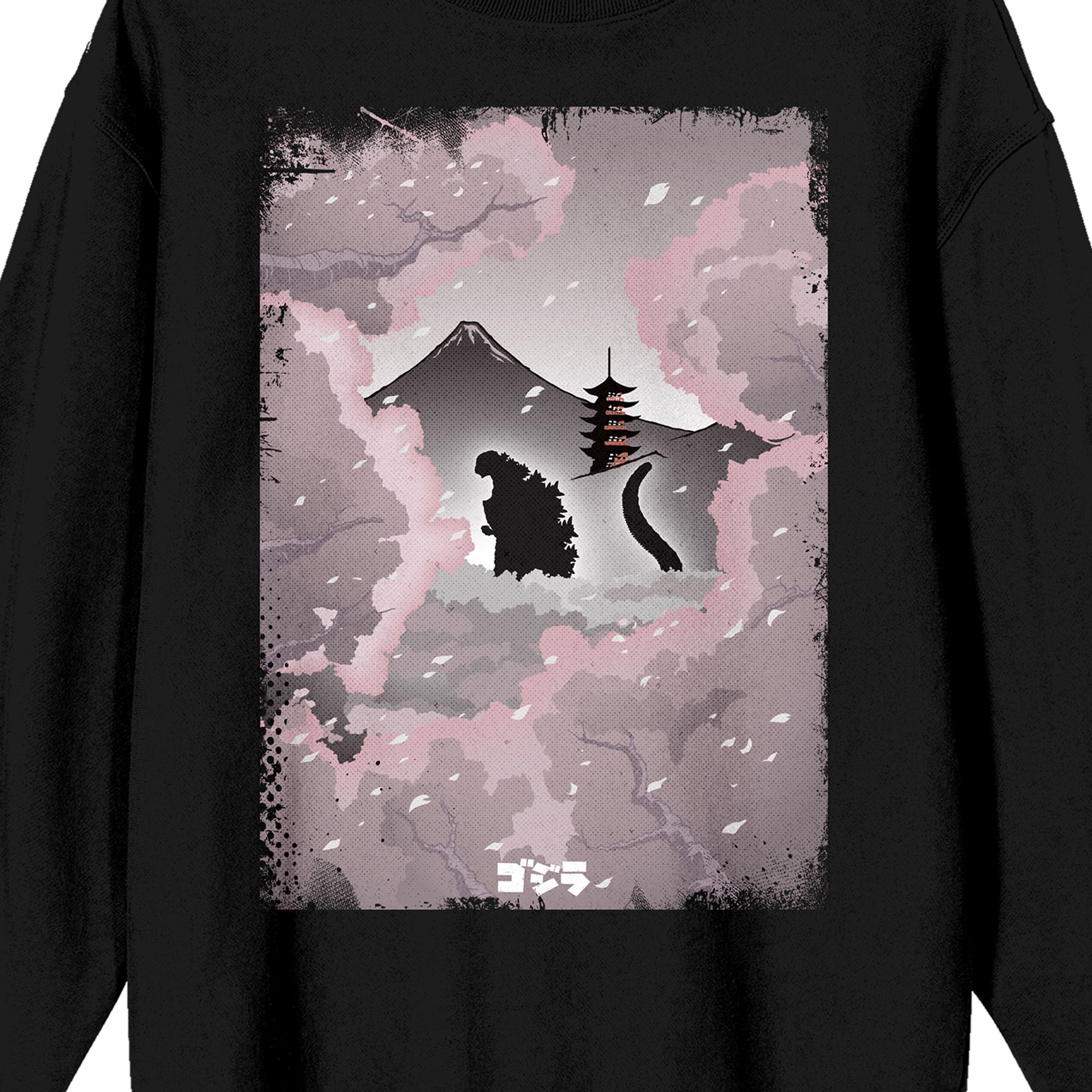 Godzilla Classic Monster Silhouette and Cherry Blossoms Across Mt. Fuji Adult Black Crew Neck Sweatshirt-XXL