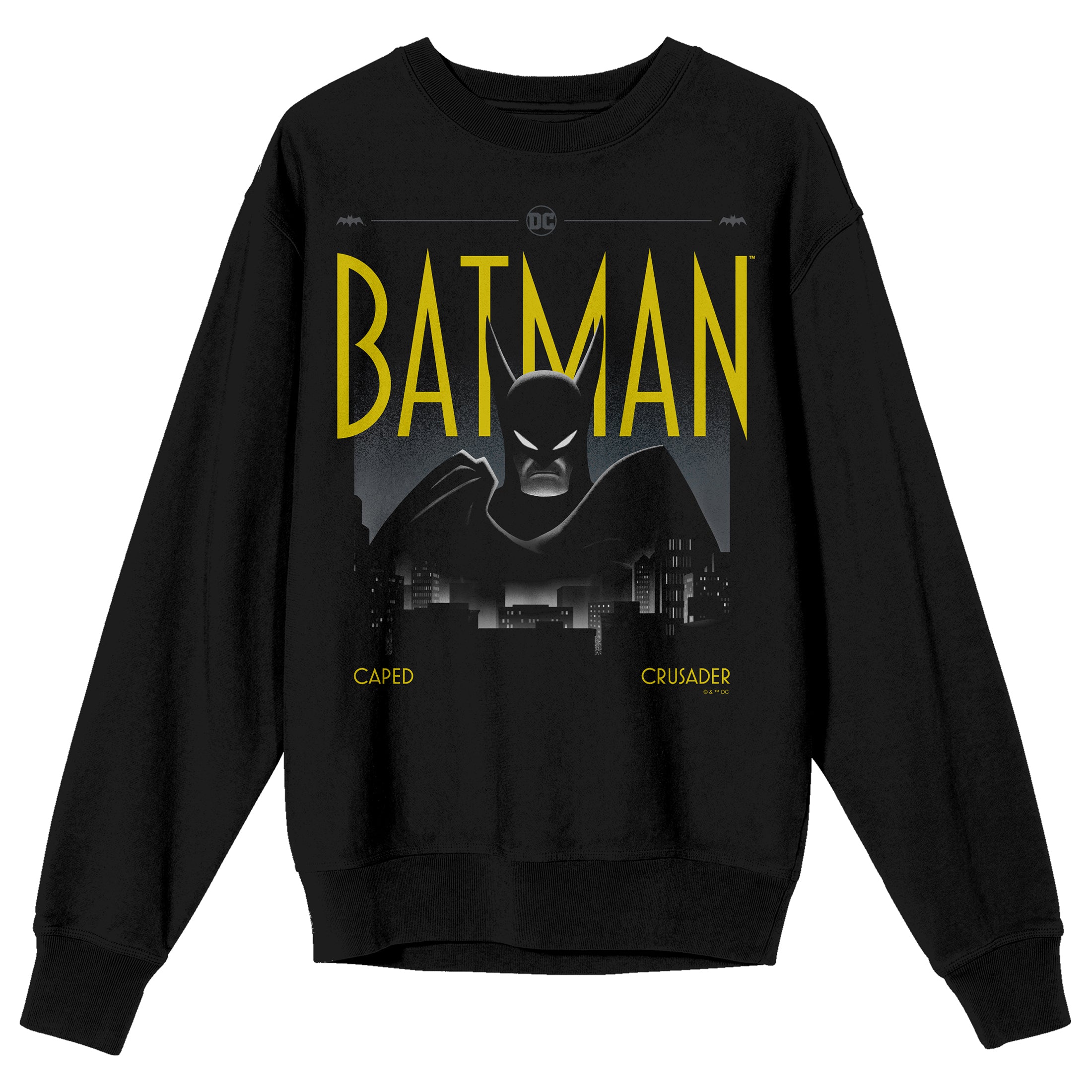 Batman Caped Crusader City Overview Adult Black Crew Neck Long Sleeve Sweatshirt