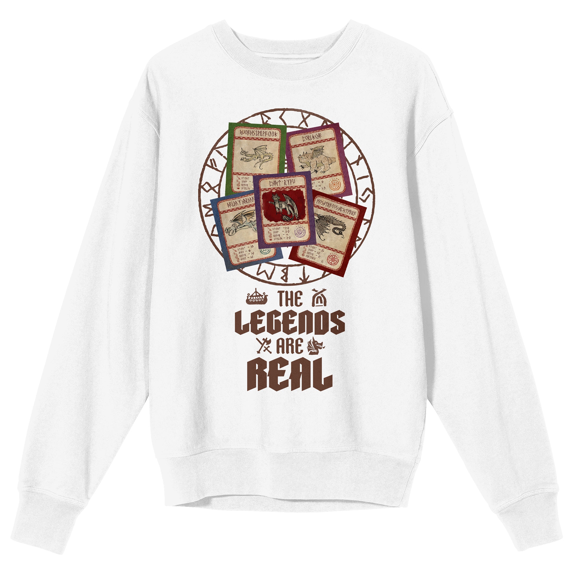 How To Train Your Dragon The Legends Are Real Dragon Cards Adult White Crew Neck Long Sleeve Sweatshirt