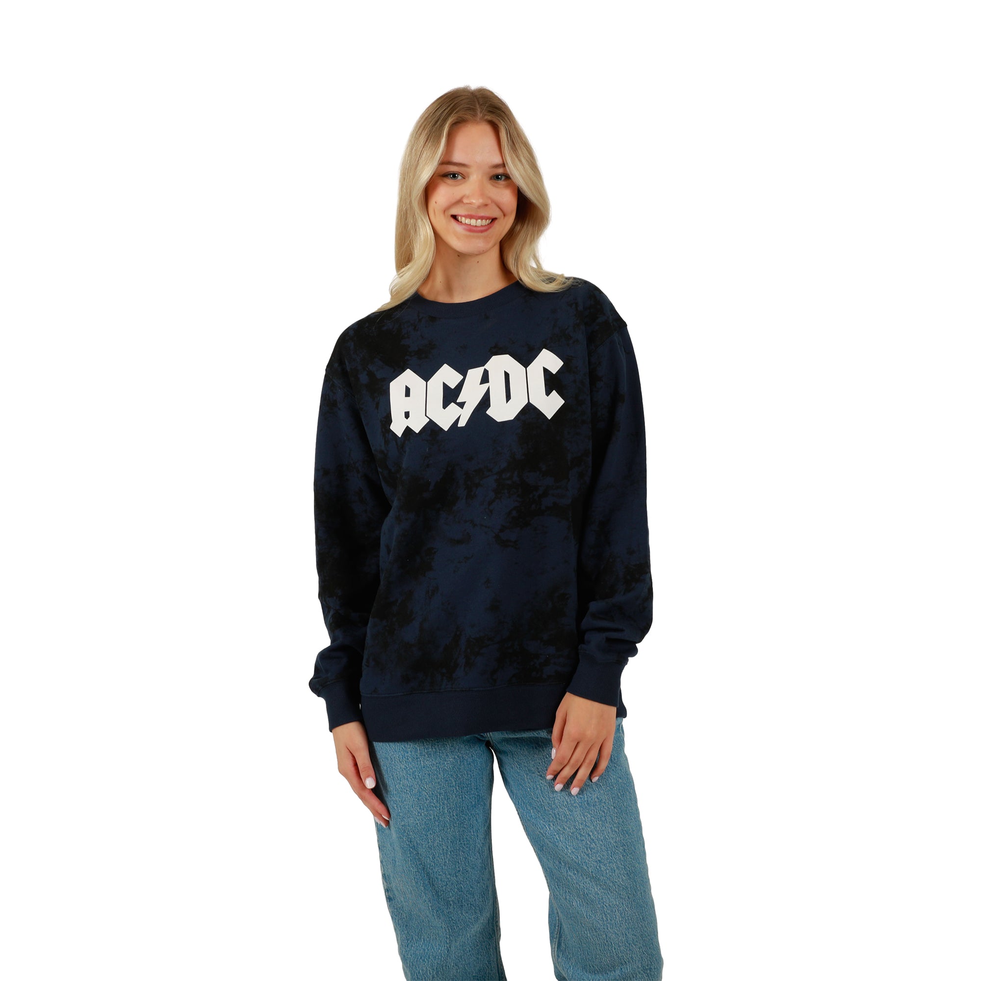 ACDC Guitar & Band Logo Crew Neck Long Sleeve Gray Women's Oversized Reversible Pullover Sweatshirt