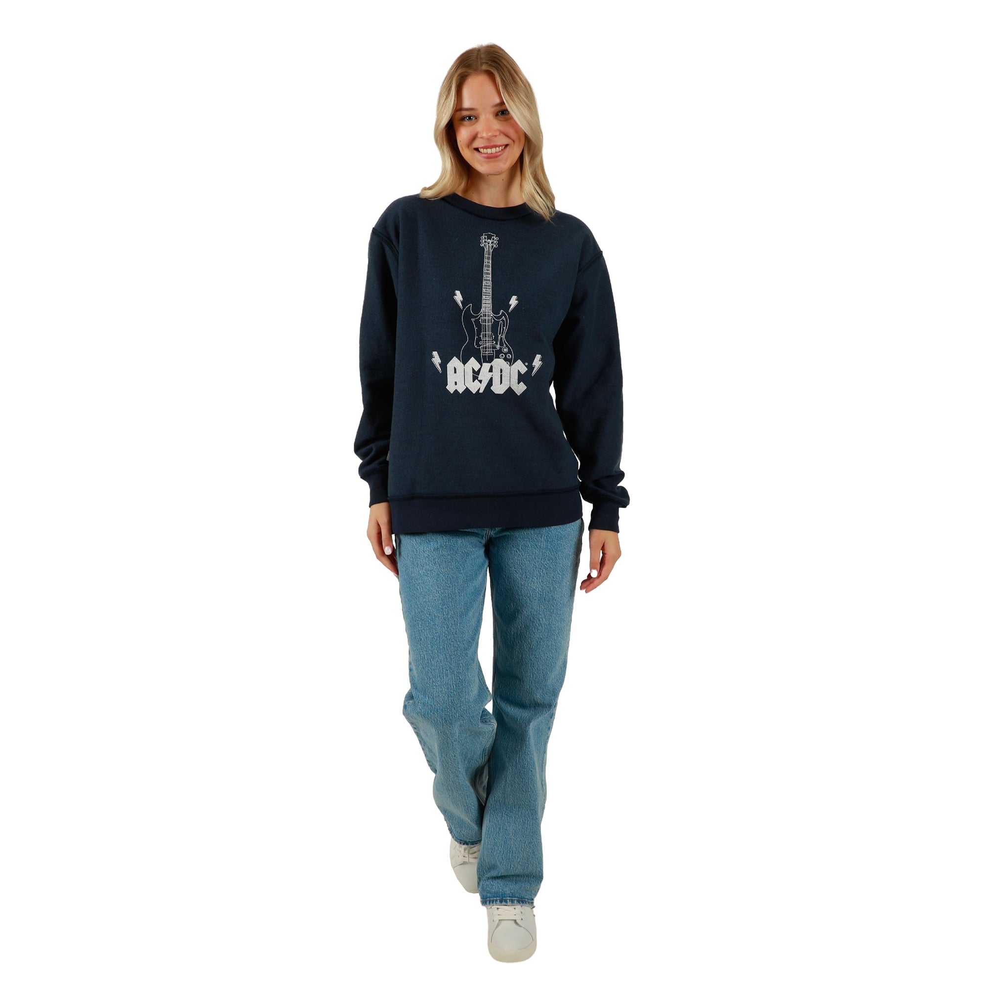 ACDC Guitar & Band Logo Crew Neck Long Sleeve Gray Women's Oversized Reversible Pullover Sweatshirt