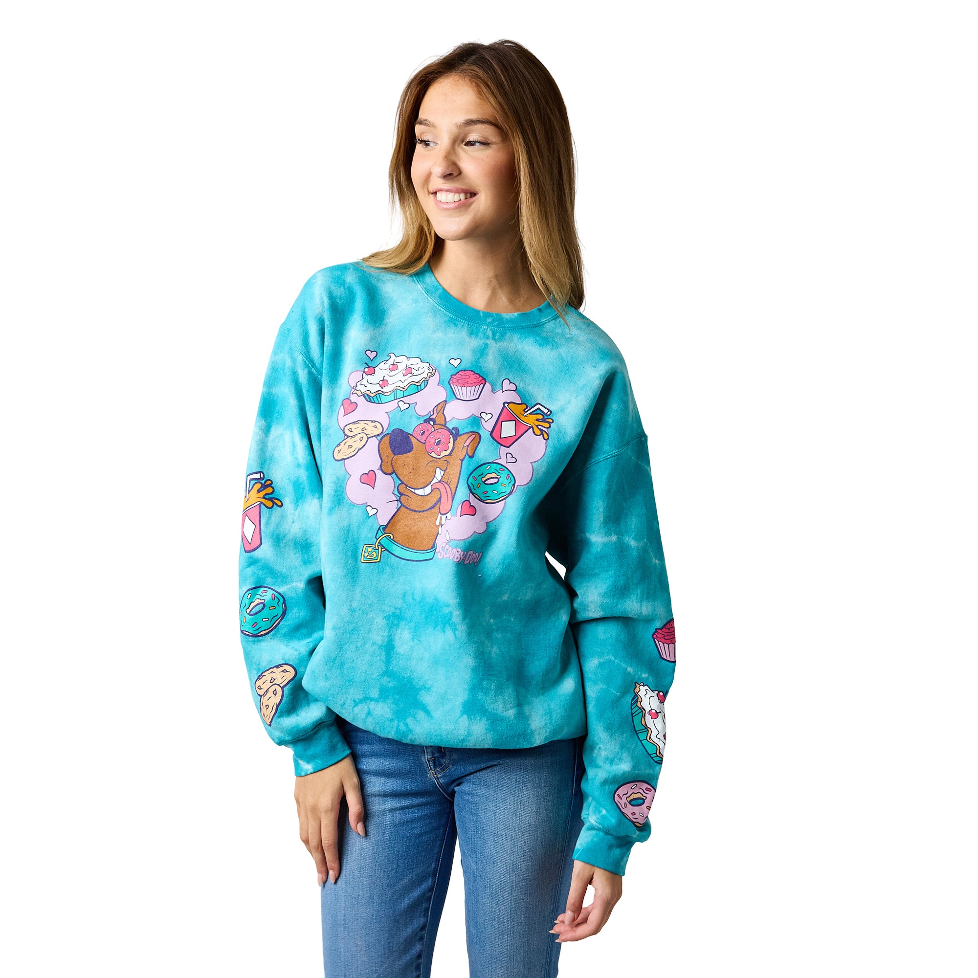 Scooby Doo Snacks Women’s Blue Cloud Wash Crew Neck Long Sleeve Fleece Sweatshirt