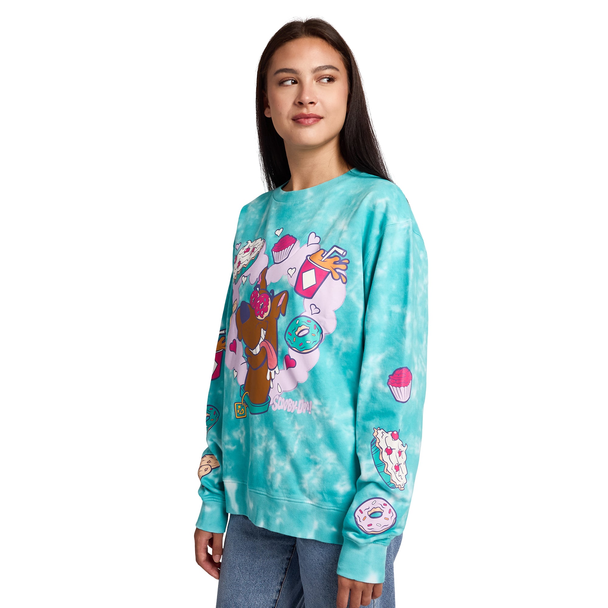 Scooby Doo Snacks Women's Blue Cloud Wash Crew Neck Long Sleeve Fleece Sweatshirt