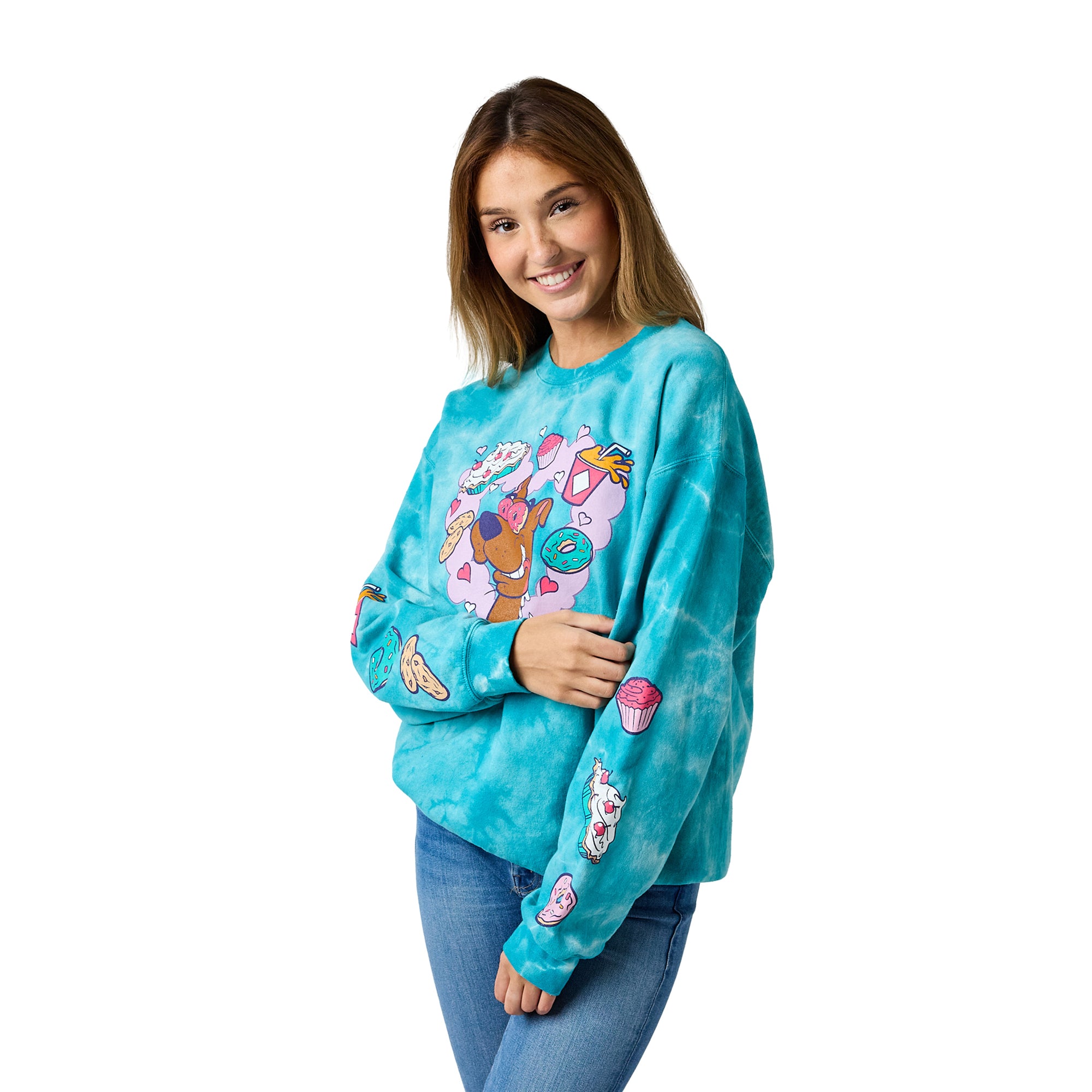 Scooby Doo Snacks Women’s Blue Cloud Wash Crew Neck Long Sleeve Fleece Sweatshirt