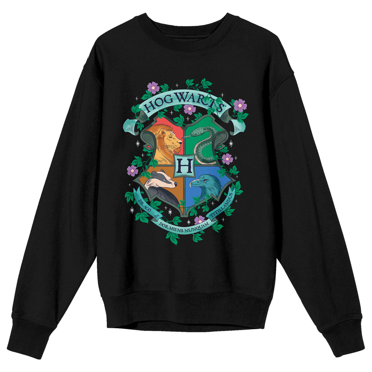 Harry Potter Floral Hogwarts Crest Women's Black Crew Neck Sweatshirt