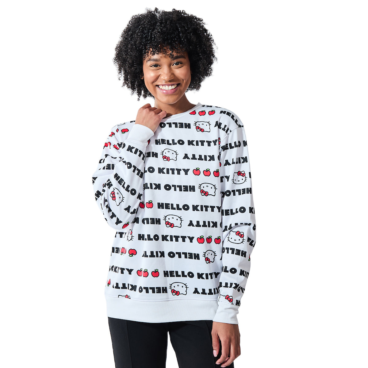 Hello Kitty Repeat Text Women's White Crew Neck Long Sleeve Sweatshirt