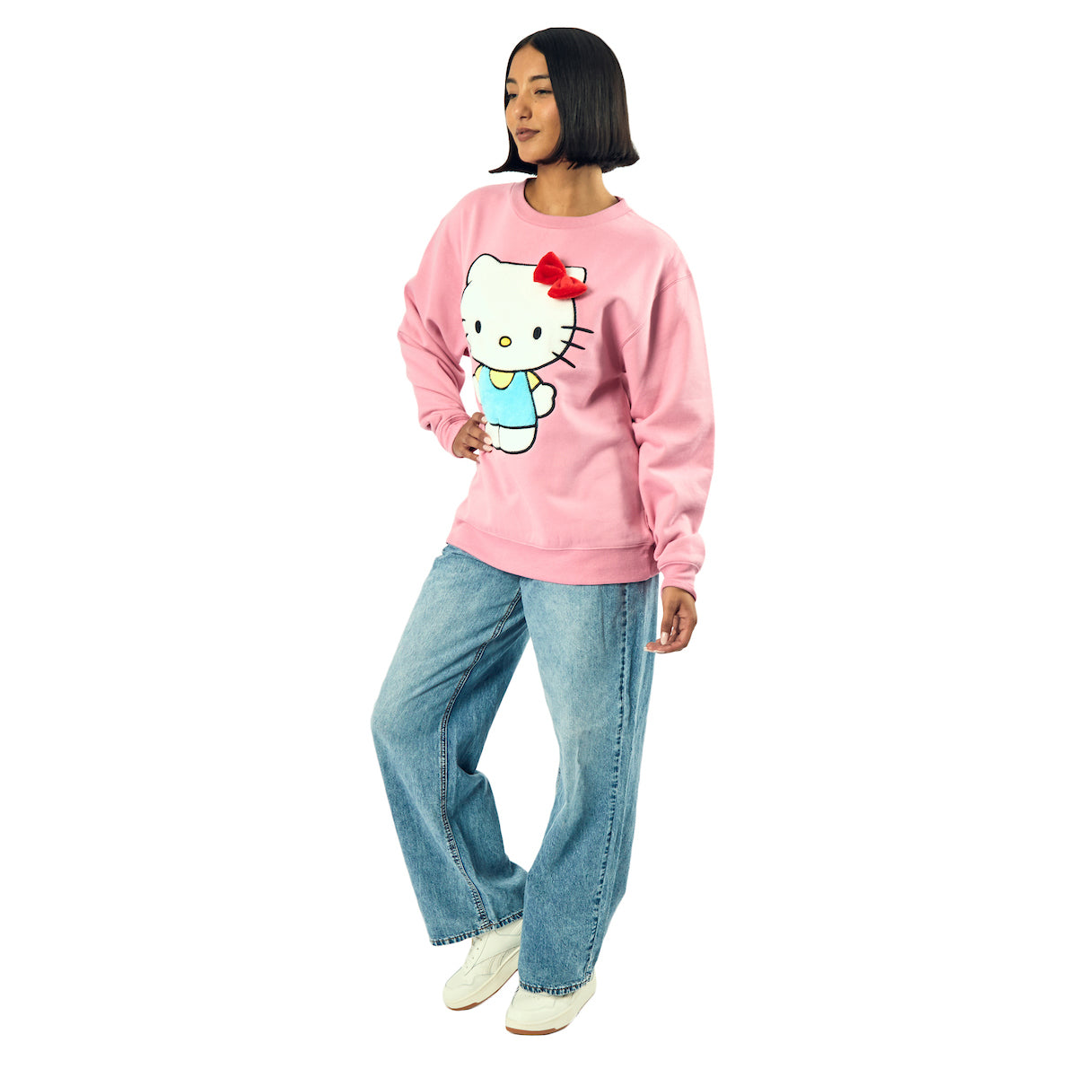 Hello Kitty Big Face Plush Character Women's Pink Crew Neck Long Sleeve Oversized Fleece Sweatshirt
