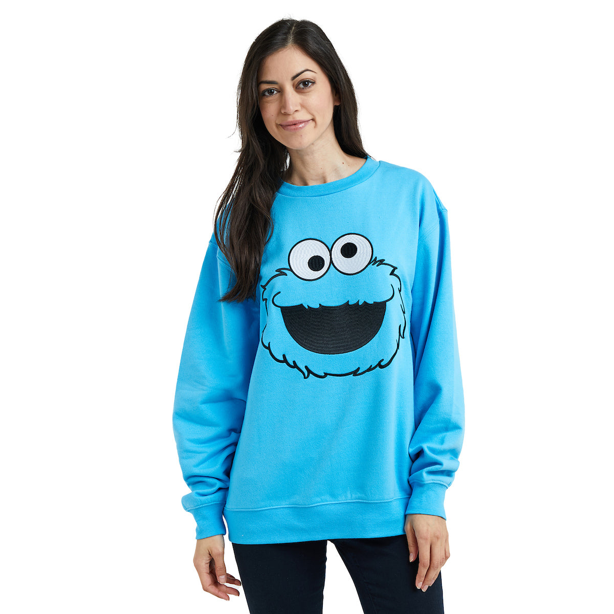 Sesame Street Big Face Cookie Monster Blue Crew Neck Long Sleeve Oversized Fleece Sweatshirt