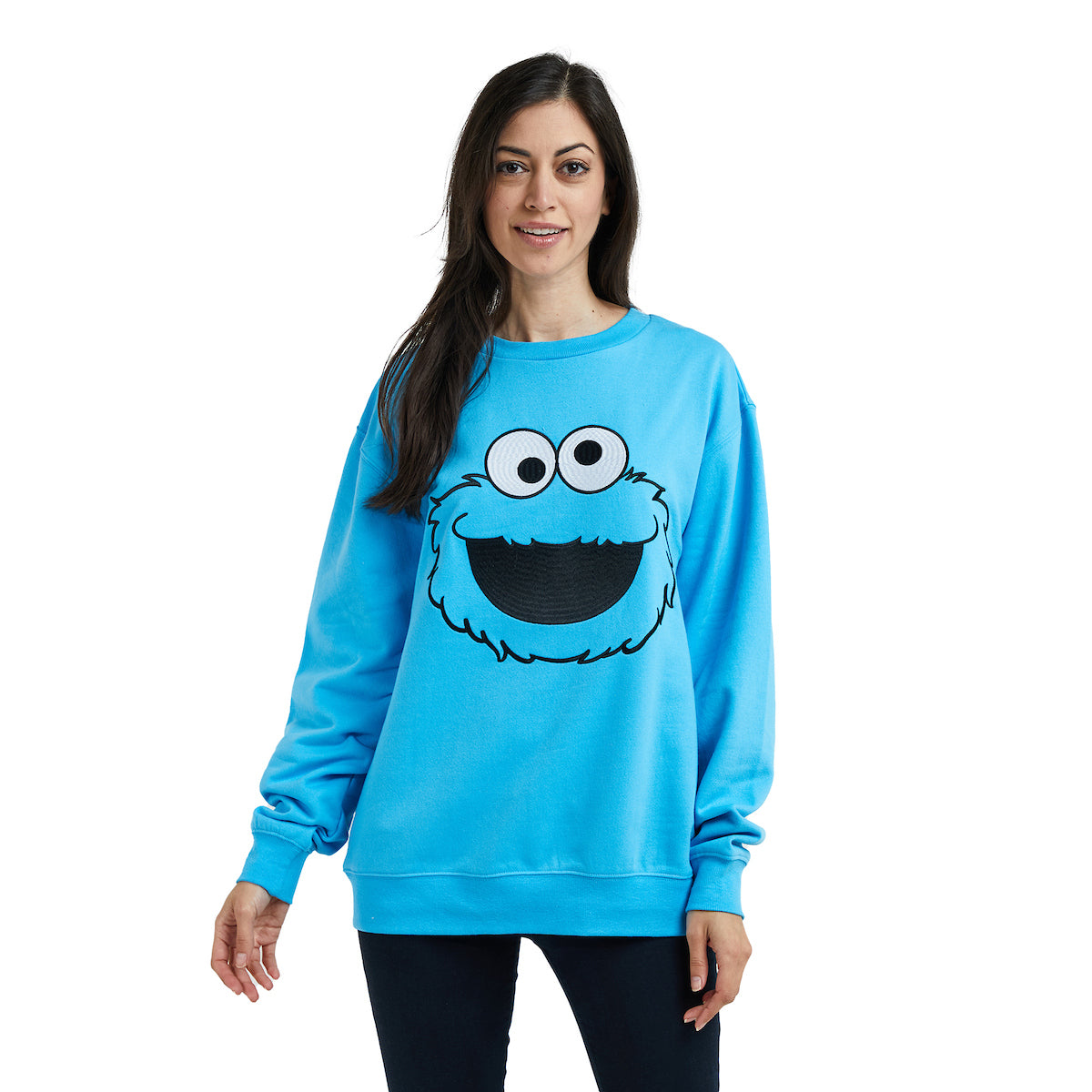 Sesame Street Big Face Cookie Monster Blue Crew Neck Long Sleeve Oversized Fleece Sweatshirt