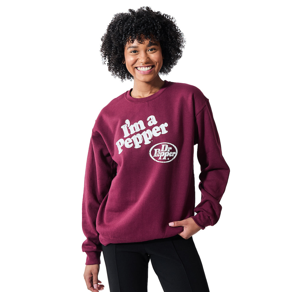 Dr Pepper I'm A Pepper Women's Burgundy Crew Neck Long Sleeve Sweatshirt
