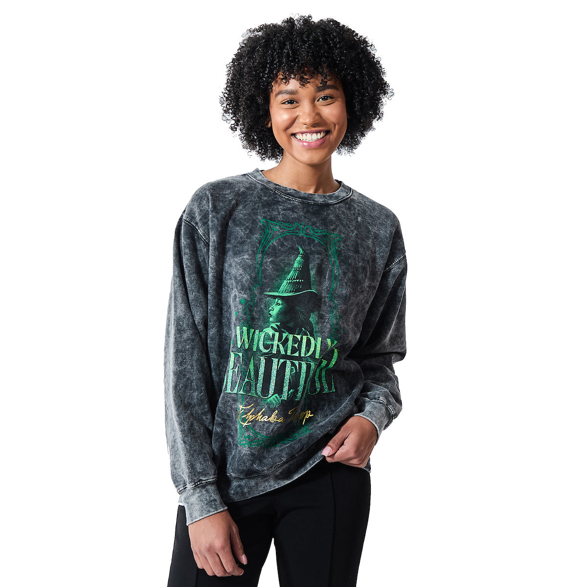 Wicked Elphaba Wickedly Beautiful Women's Mineral Wash Crew Neck Long Sleeve Sweatshirt