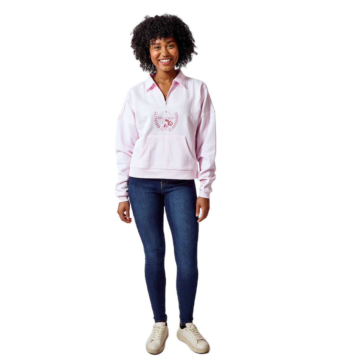Hello Kitty Embroidered Character Art Women's Cradle Pink Long Sleeve Quarter Zip Sweatshirt
